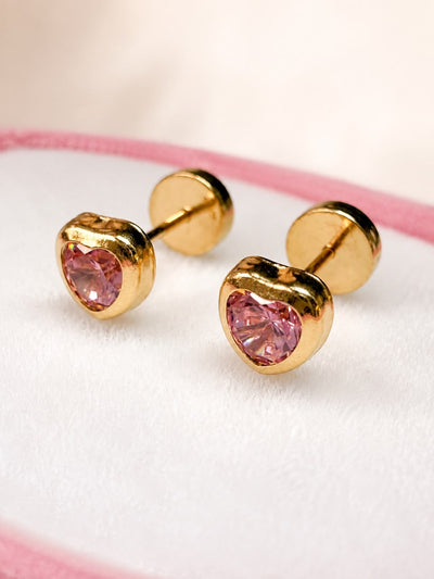Aritos abridores de oro 18K (corazón rosa)
