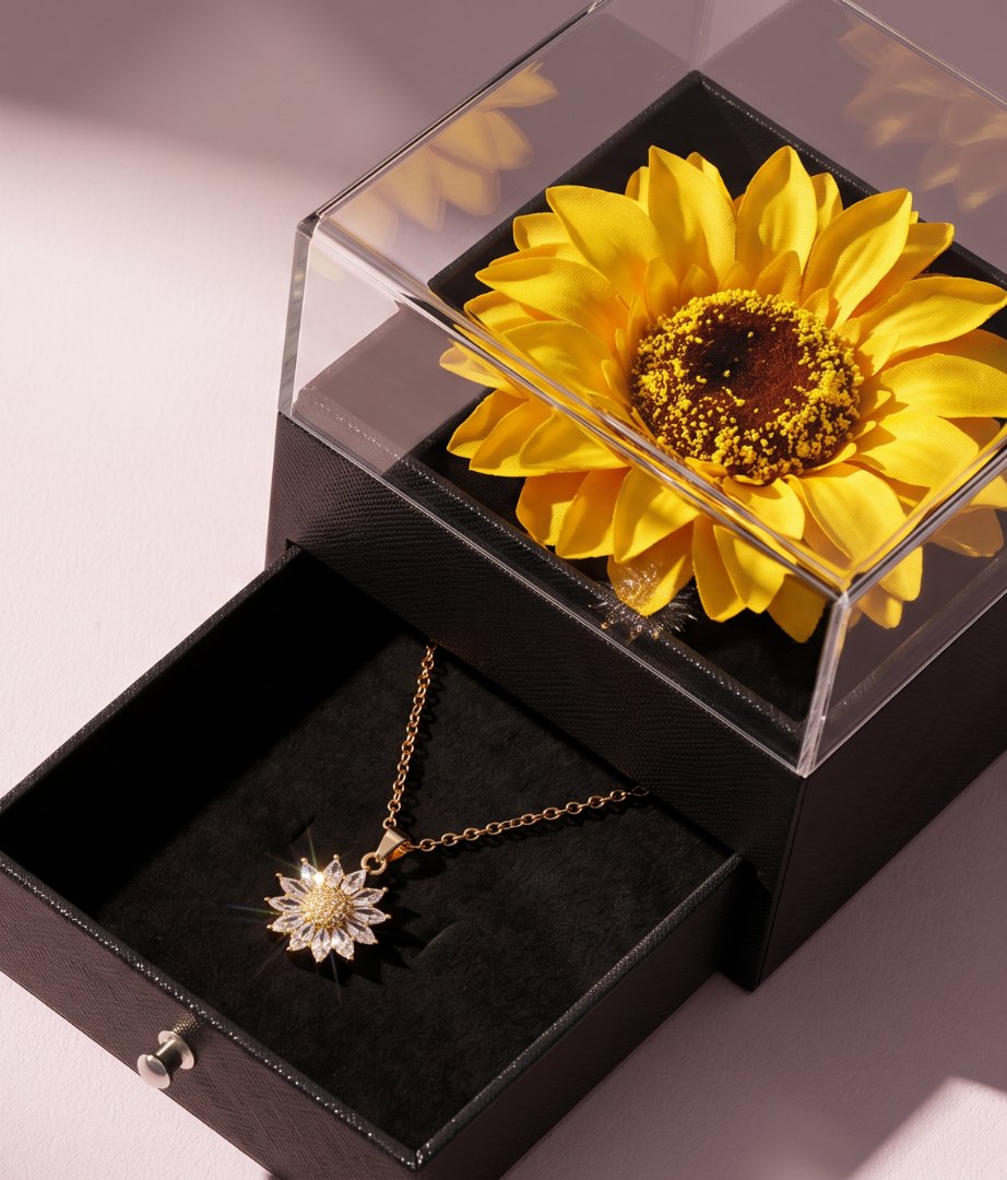 Caja de regalo de Joyas con Amor con un girasol y un collar bañado en oro dentro